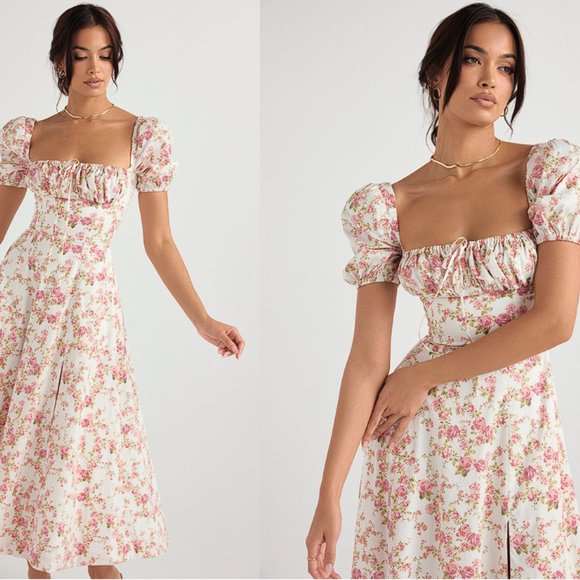 HOUSE OF CB 'Tallulah' Rose Print Puff Sleeve Midi Sundress NWOT - Picture 4 of 5